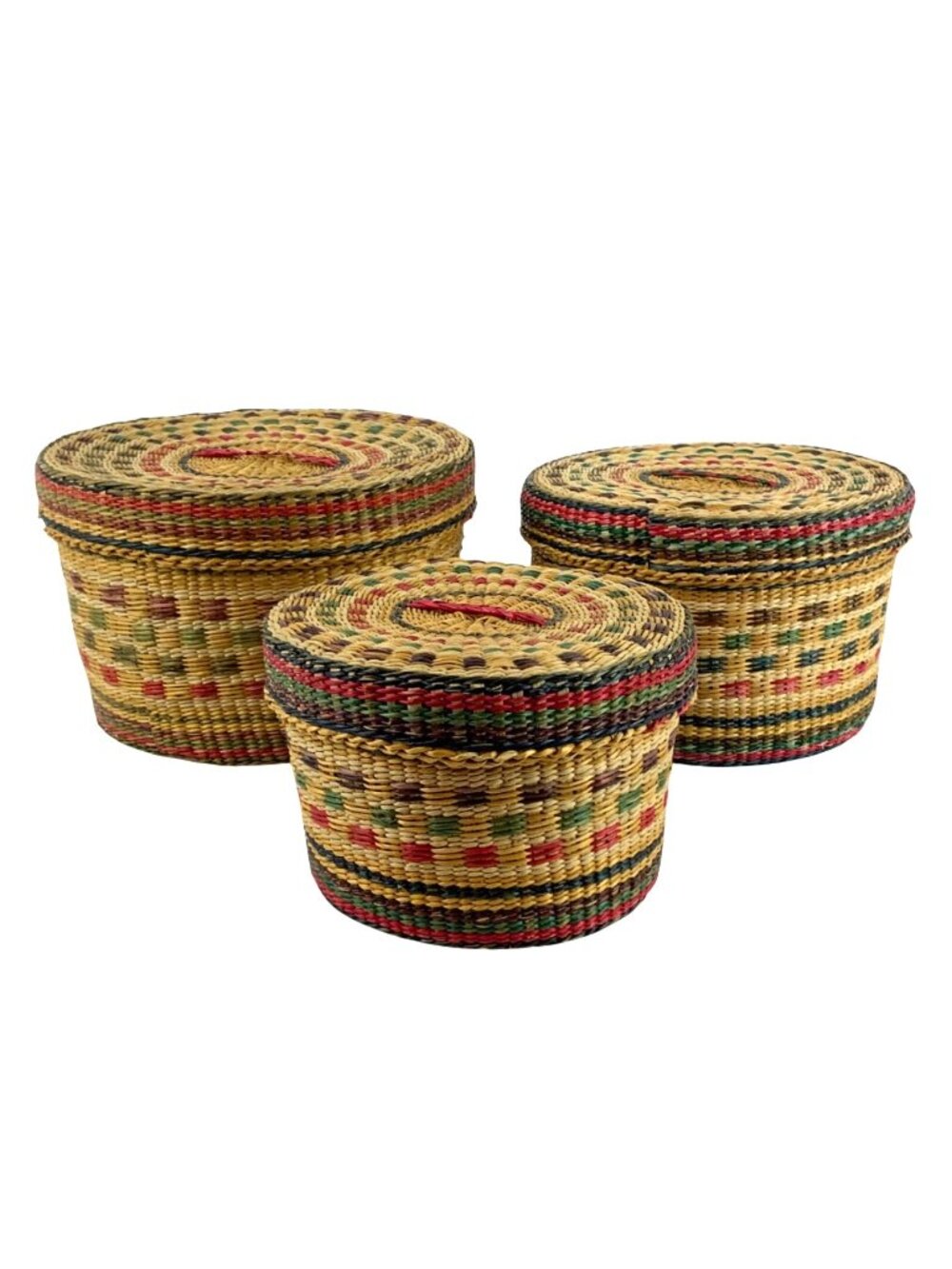 Set Of 3 Round Woven Straw Storage Baskets With Lids Multicolor Made In China